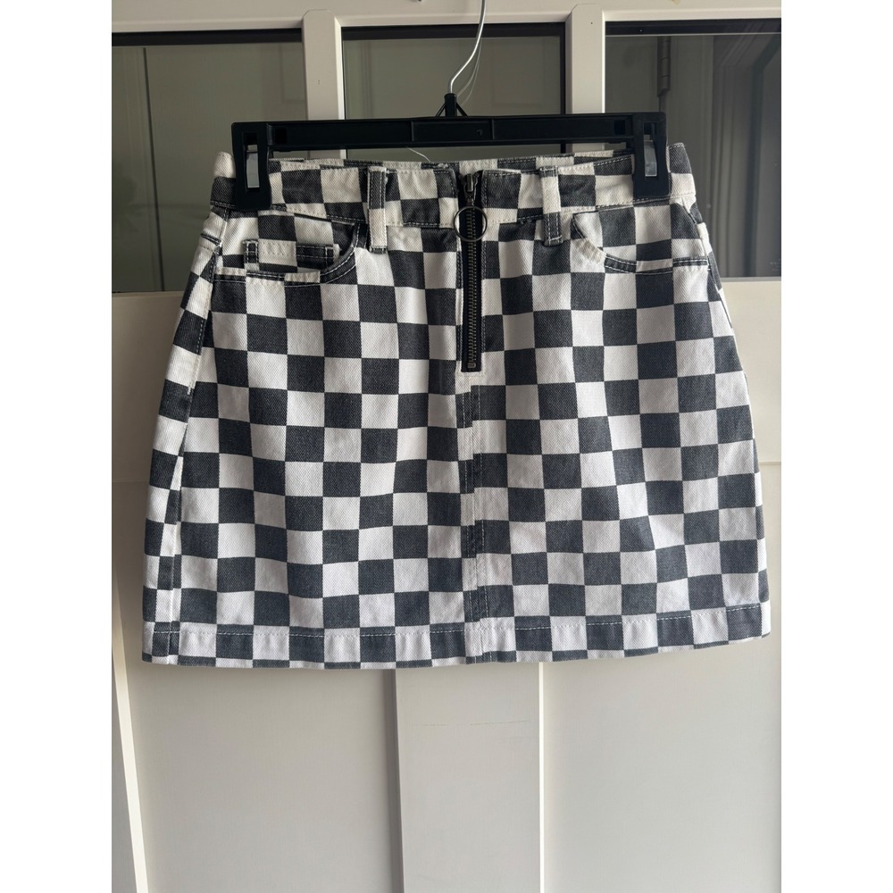 BDG Urban Outfitters Checkered Denim Mini Skirt Black White O-Ring Zip XS